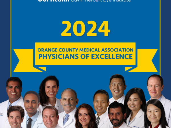 2024 OCMA Physicians of Excellence, 13 GHEI doctors in front of a blue background, text: 2024 Orange County Medical Association Physicians of excellence